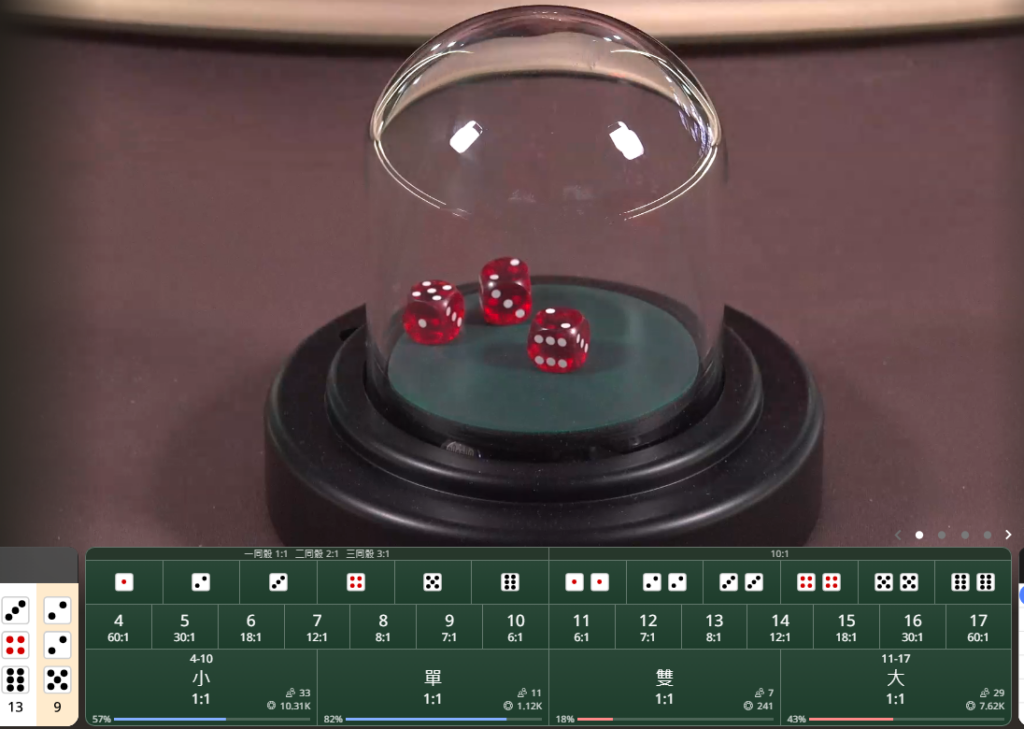 SA真人骰寶遊戲畫面，三顆骰子實時開獎，支援大小單雙多樣投注