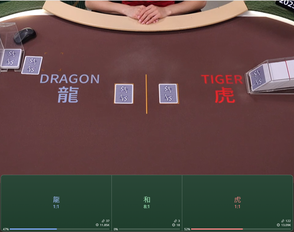 SA龍虎遊戲對戰畫面，單張比大小玩法，簡單刺激回合快速