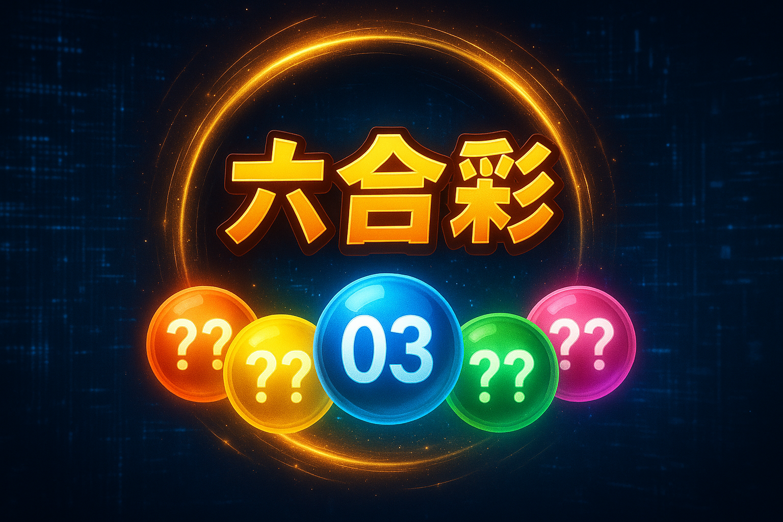 六合彩開獎號碼視覺圖，中央藍色彩球顯示中獎號碼03，搭配五顆彩色彩球與金色光環，呈現台灣六合彩開獎畫面</p>
<p>