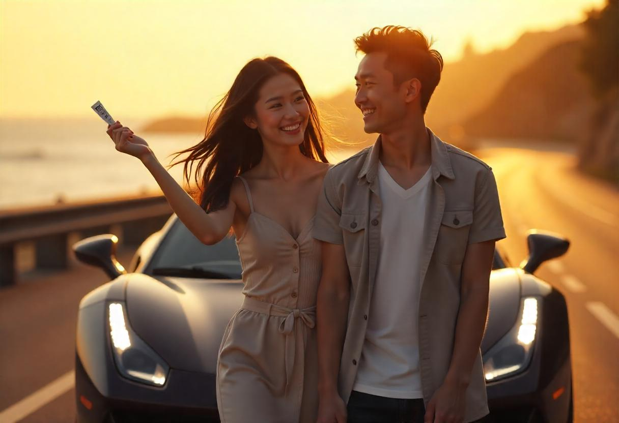 一對情侶在夕陽下開心牽手，女子手持彩券站在跑車前，象徵中獎喜悅與中彩改變人生的情境畫面</p>
<p>