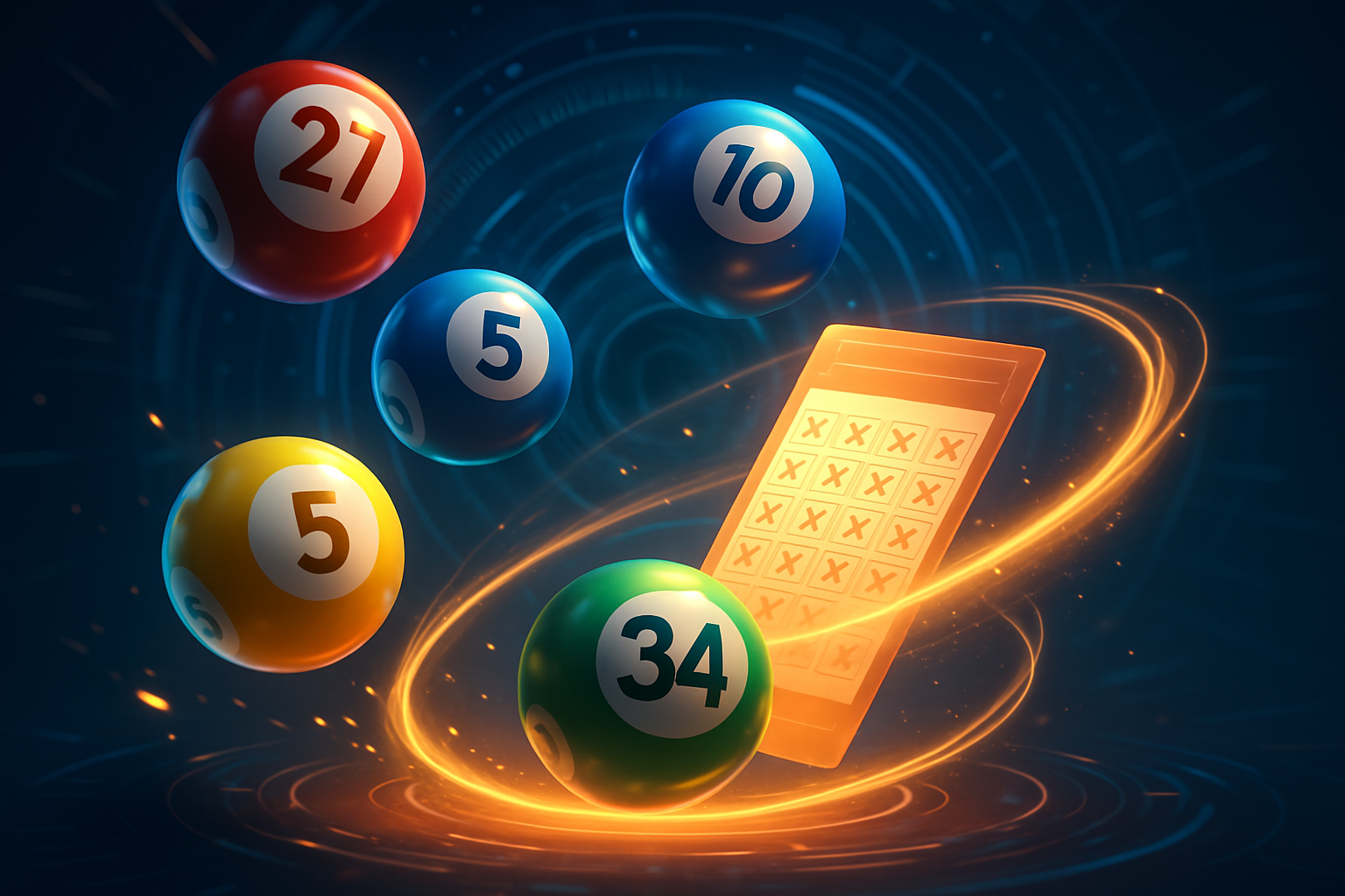 多顆彩球與樂透投注單旋轉特效圖，包含中獎號碼34、27、10、5，呈現彩券投注與中獎結果的視覺示意</p>
<p>