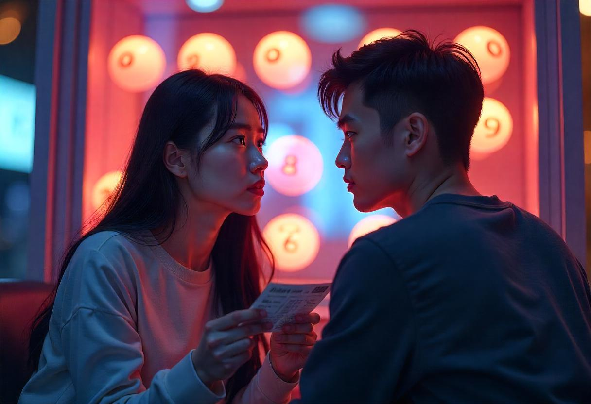 一對情侶在彩球牆前注視彼此，女子手持樂透彩券，神情專注且略帶緊張，呈現等待開獎前的期待氛圍</p>
<p>