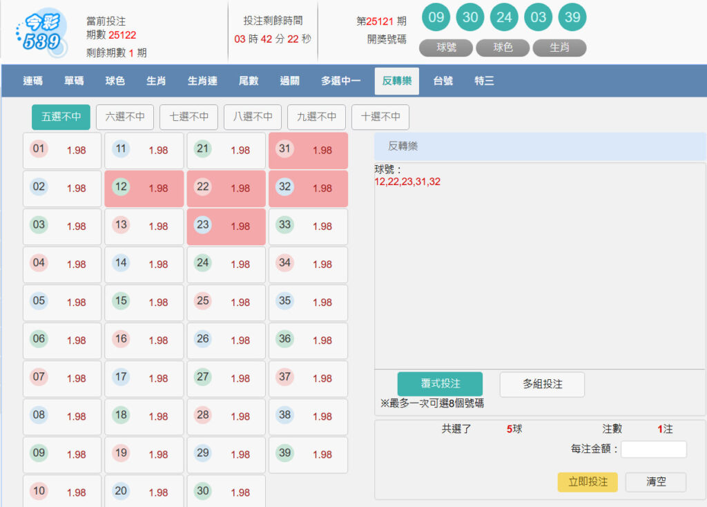 今彩539不出牌投注畫面，選擇5個號碼進行五選不中下注組合。


